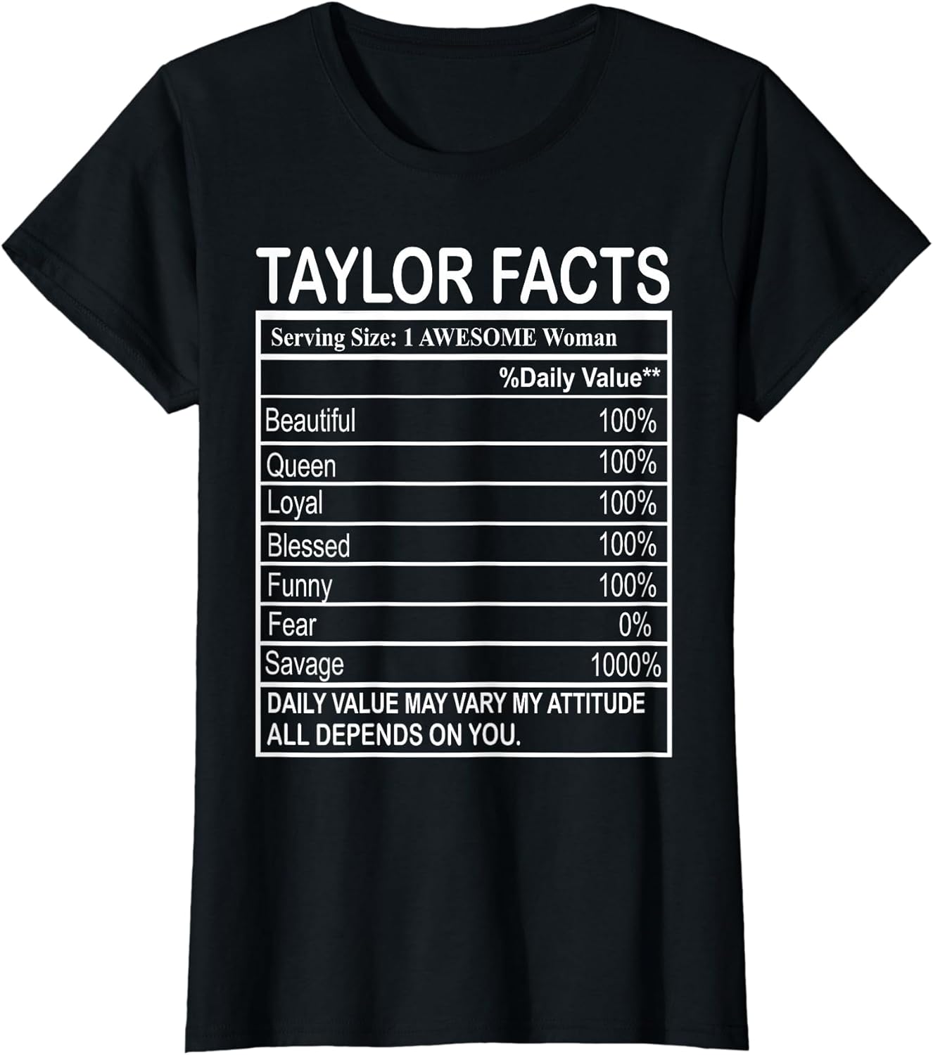 Womens Taylor Nutrition Facts T-Shirt: Classic Fit, Short Sleeve, Birthday, Fitness, Casual