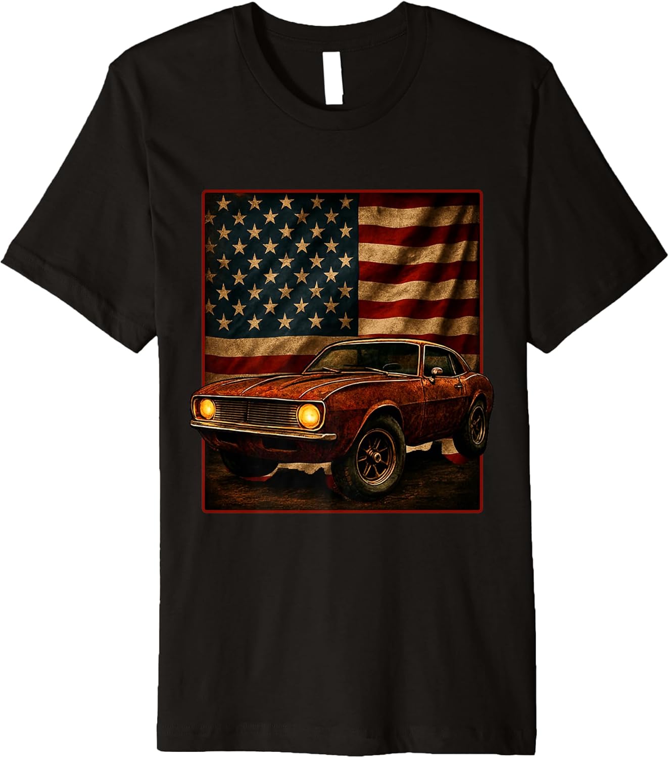 Vintage Muscle Car USA Flag Patriotism Retro Tee