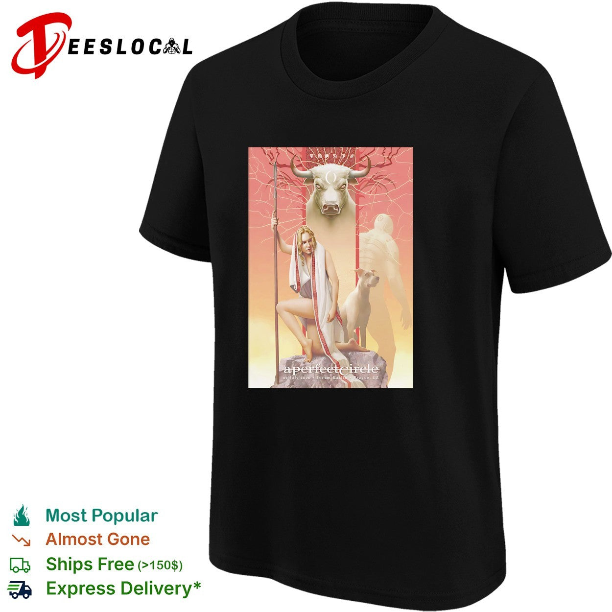 A Perfect Circle woman kneeling holding spear with dog and bull Forum Karlin Prague 2026 shirt
