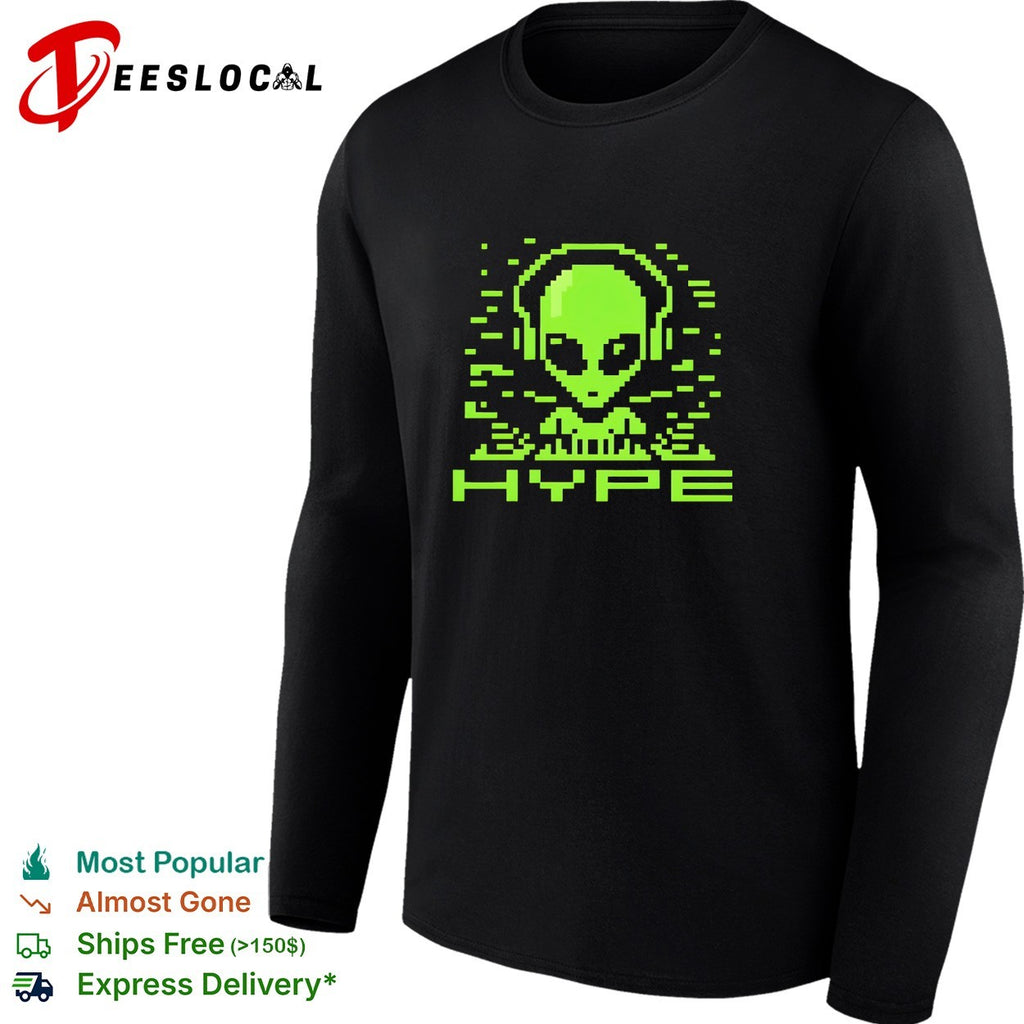 Alien pixel DJ wearing headphones hype shirt