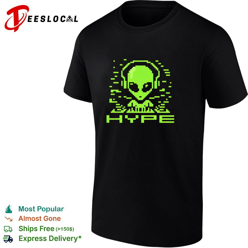 Alien pixel DJ wearing headphones hype shirt