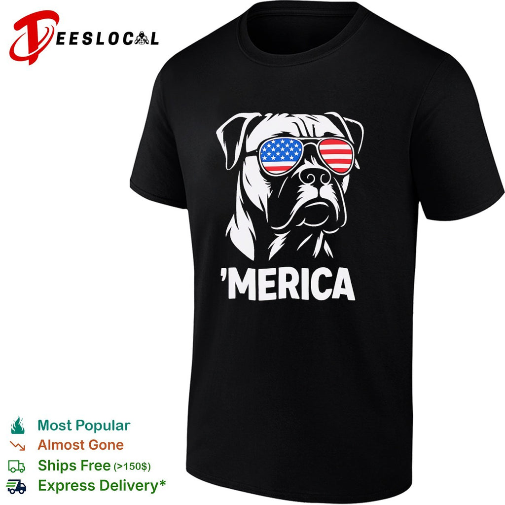 American Bulldog wearing United States flag sunglasses ‘Merica shirt