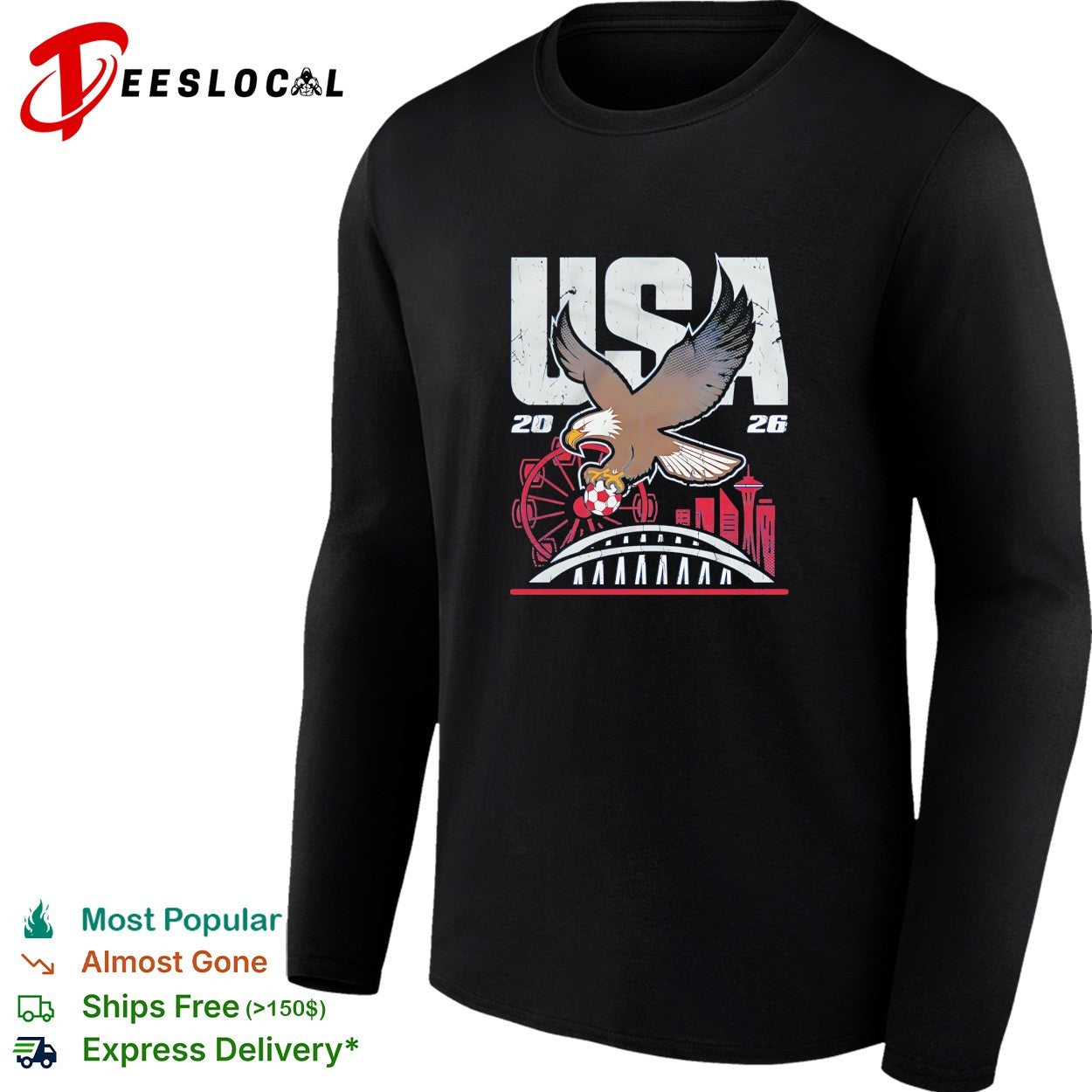Bald eagle gripping soccer ball USA 2026 Seattle World Cup skyline shirt