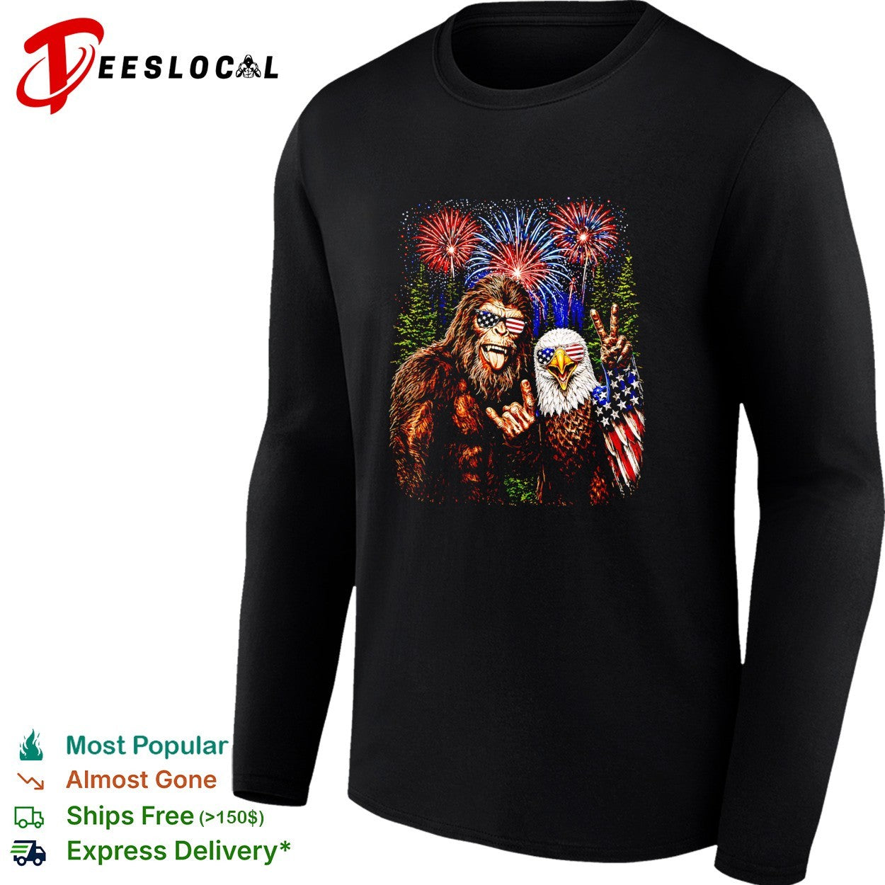 Bigfoot and bald eagle wearing USA sunglasses fireworks shirt
