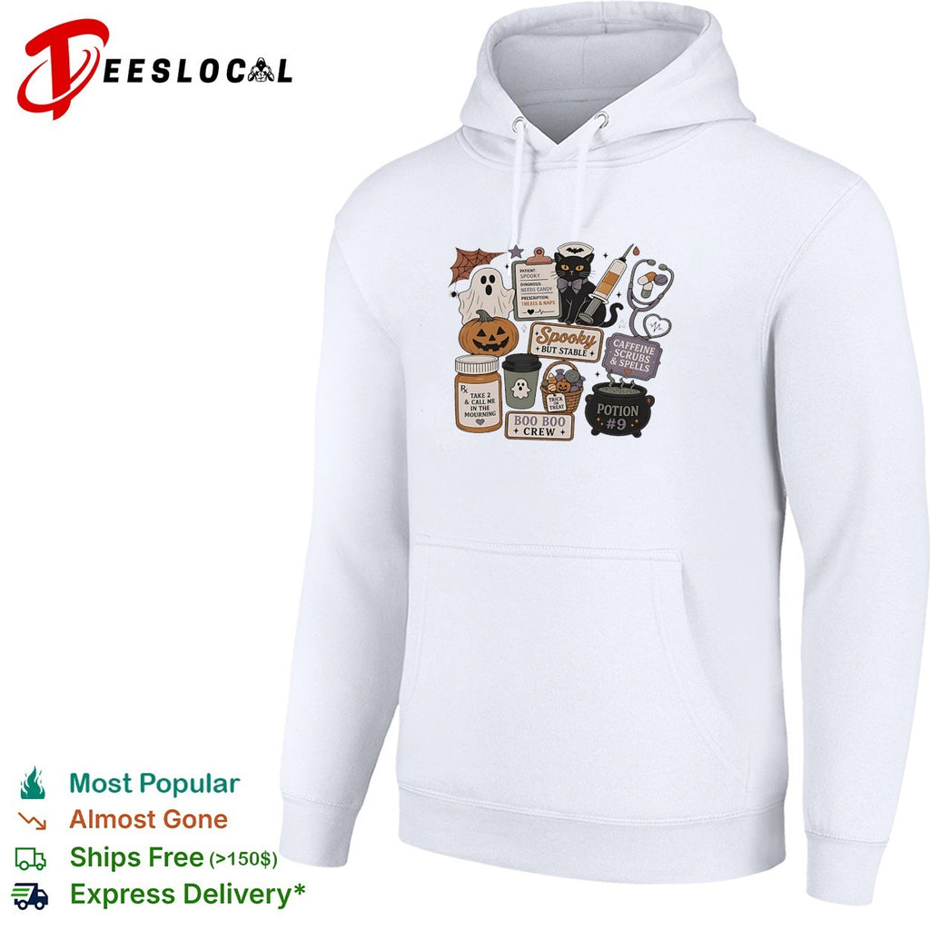 Black cat nurse spooky but stable caffeine scrubs and spells boo boo crew Halloween shirt