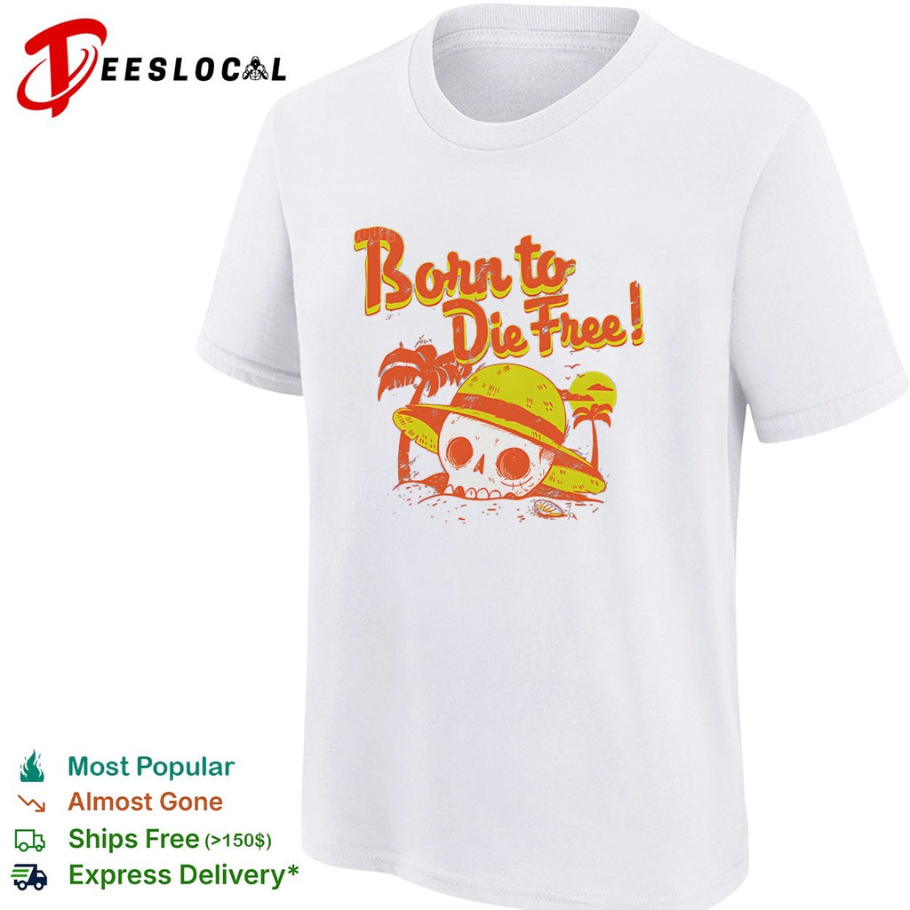 Born to Die Free skull beach straw hat palm trees shirt