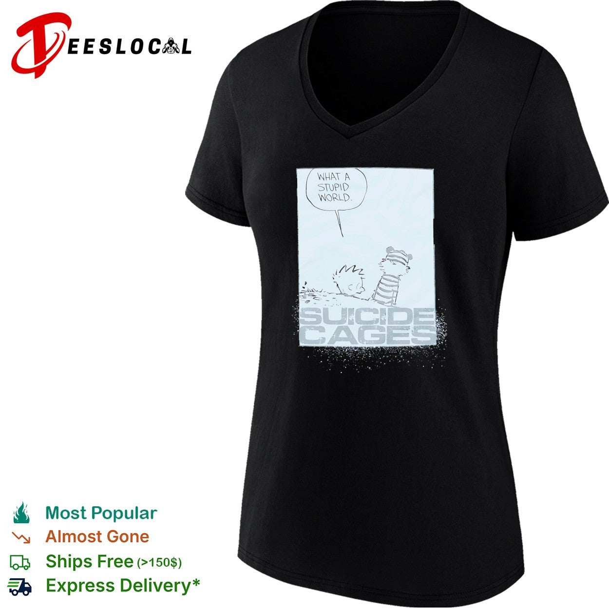 Calvin and Hobbes What a Stupid World Suicide Cages shirt