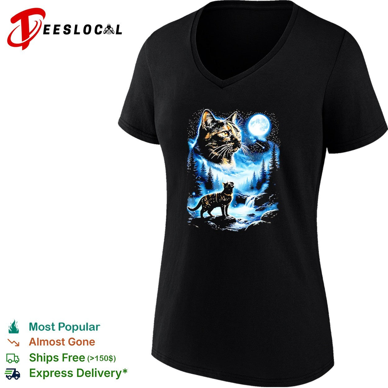 Celestial Cat and Full Moon Mountain Stream Forest Wilderness Night Scene shirt