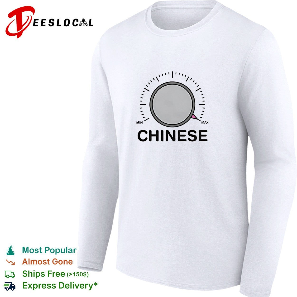 Chinese volume knob dial turned to max shirt