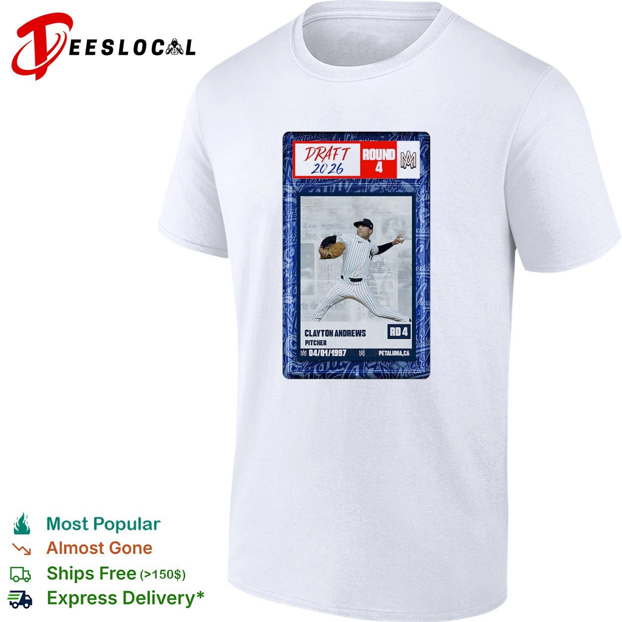 Clayton Andrews New York Yankees MLB Draft 2026 Round 4 pitcher trading card shirt