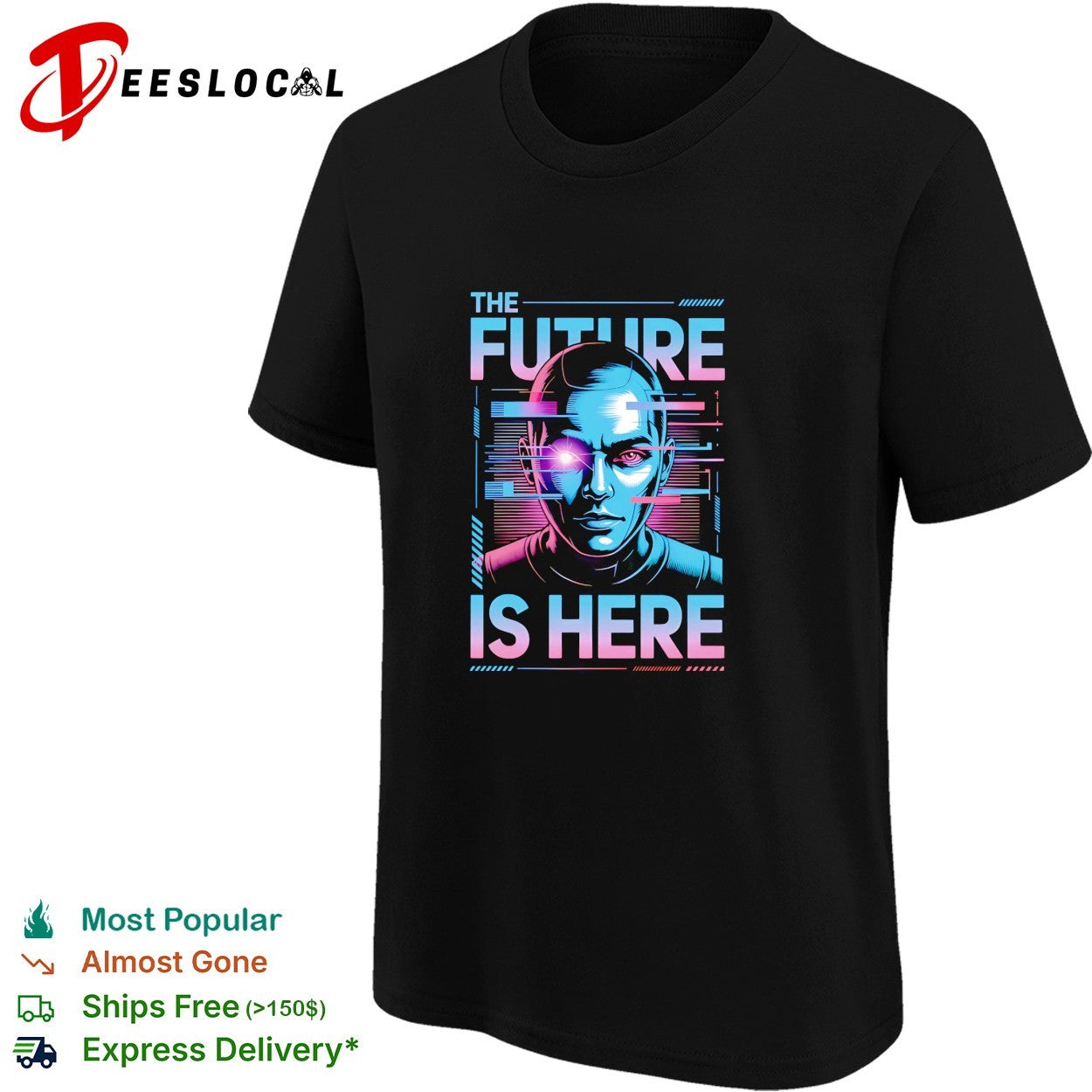 Cyborg glowing eye the future is here synthwave portrait shirt