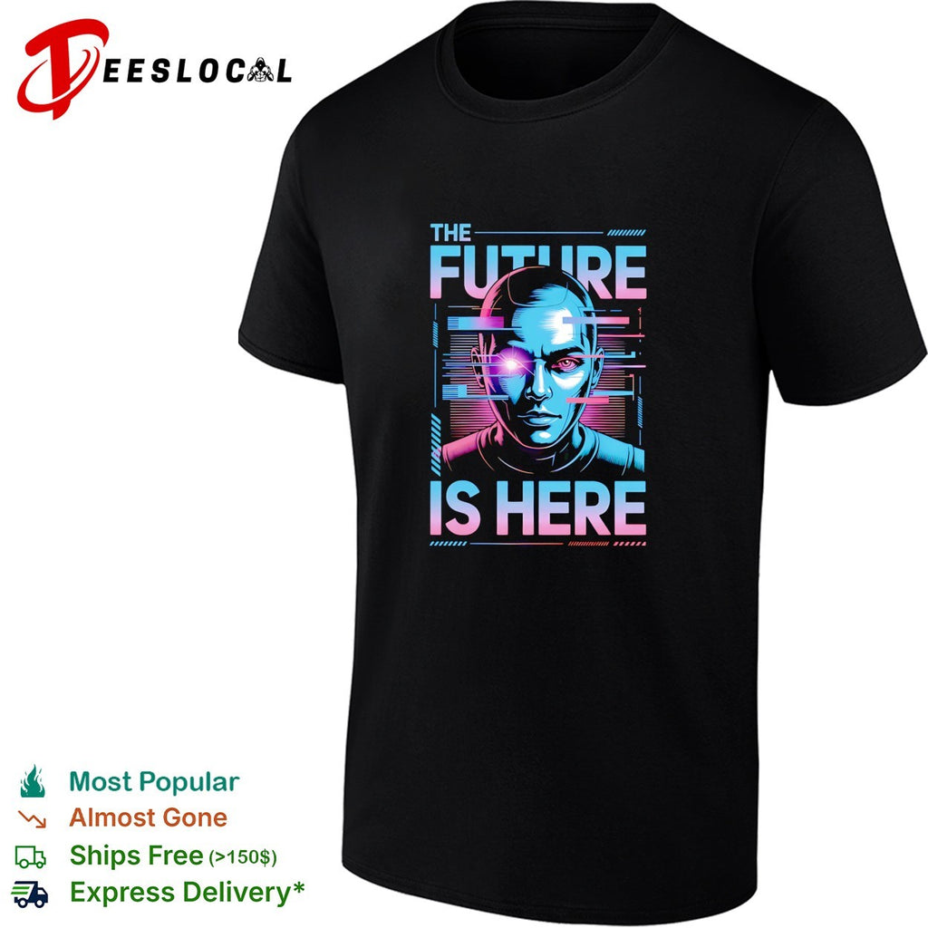 Cyborg glowing eye the future is here synthwave portrait shirt