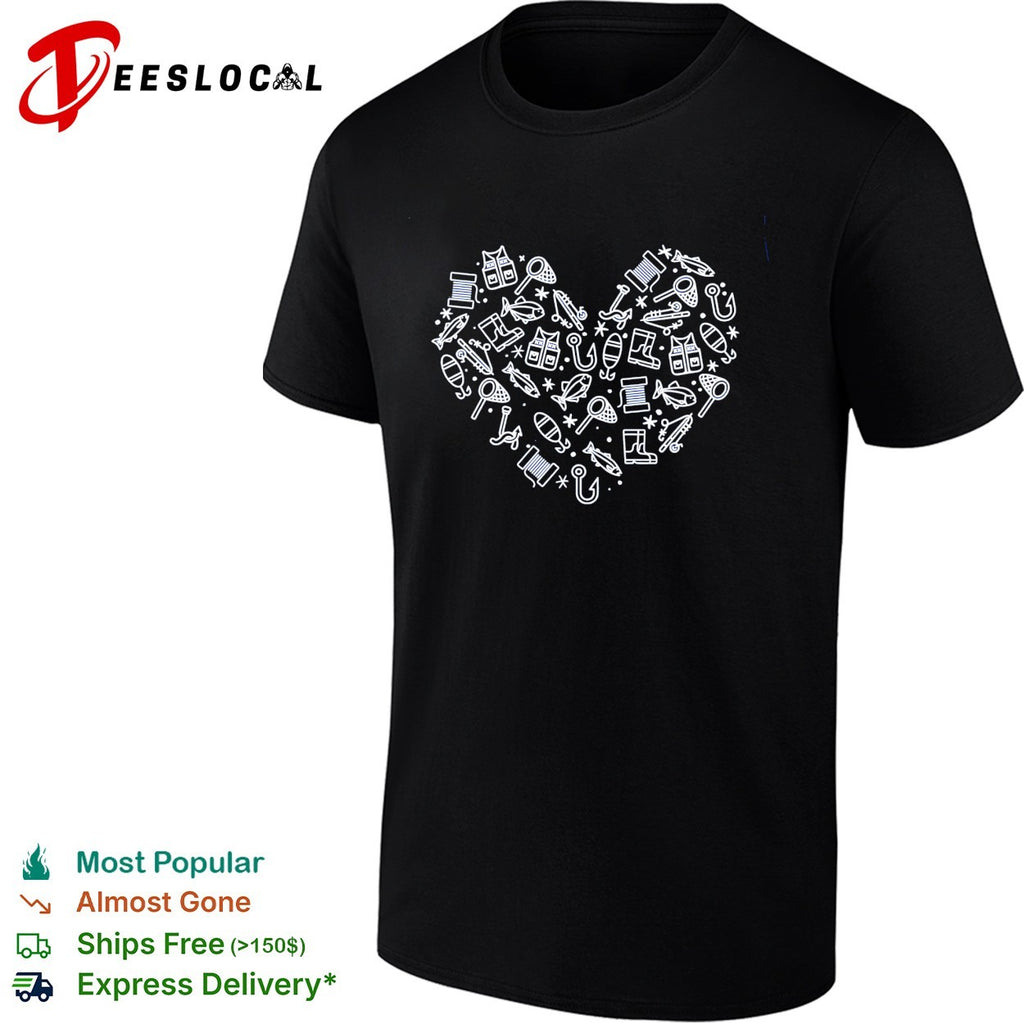 Fishing heart hook fish gear love shirt