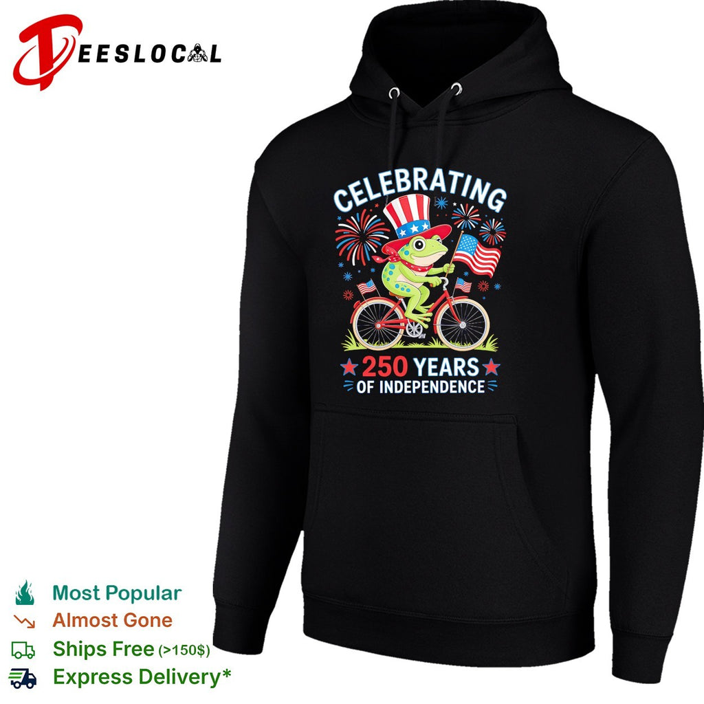 Frog wearing Uncle Sam hat riding bicycle celebrating 250 years of independence shirt