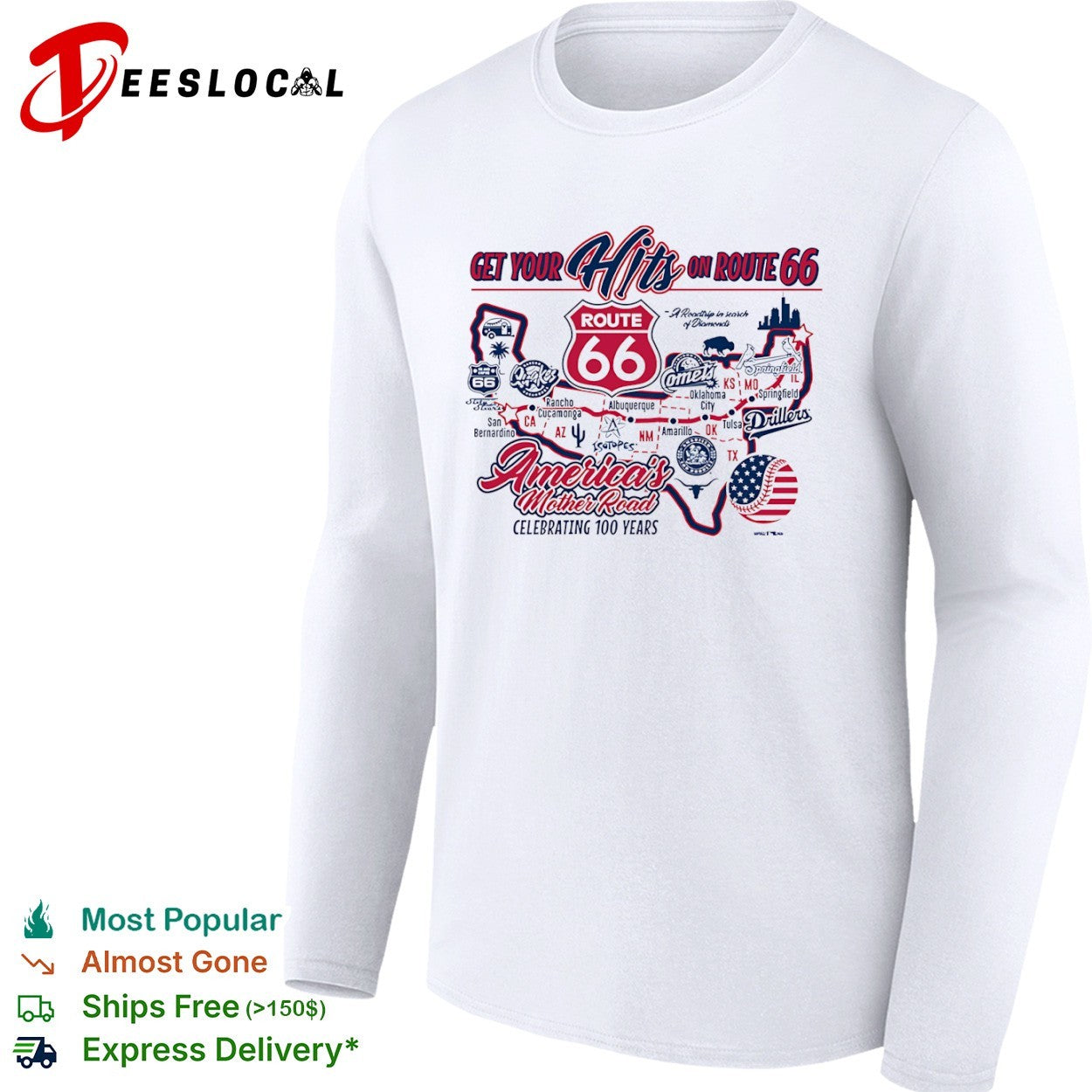 Get your Hits on Route 66 Americas Mother Road celebrating 100 years baseball shirt