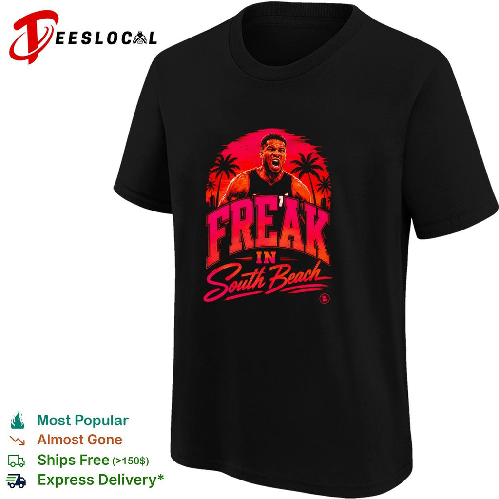 Giannis Antetokounmpo freak in South Beach Miami Heat shirt
