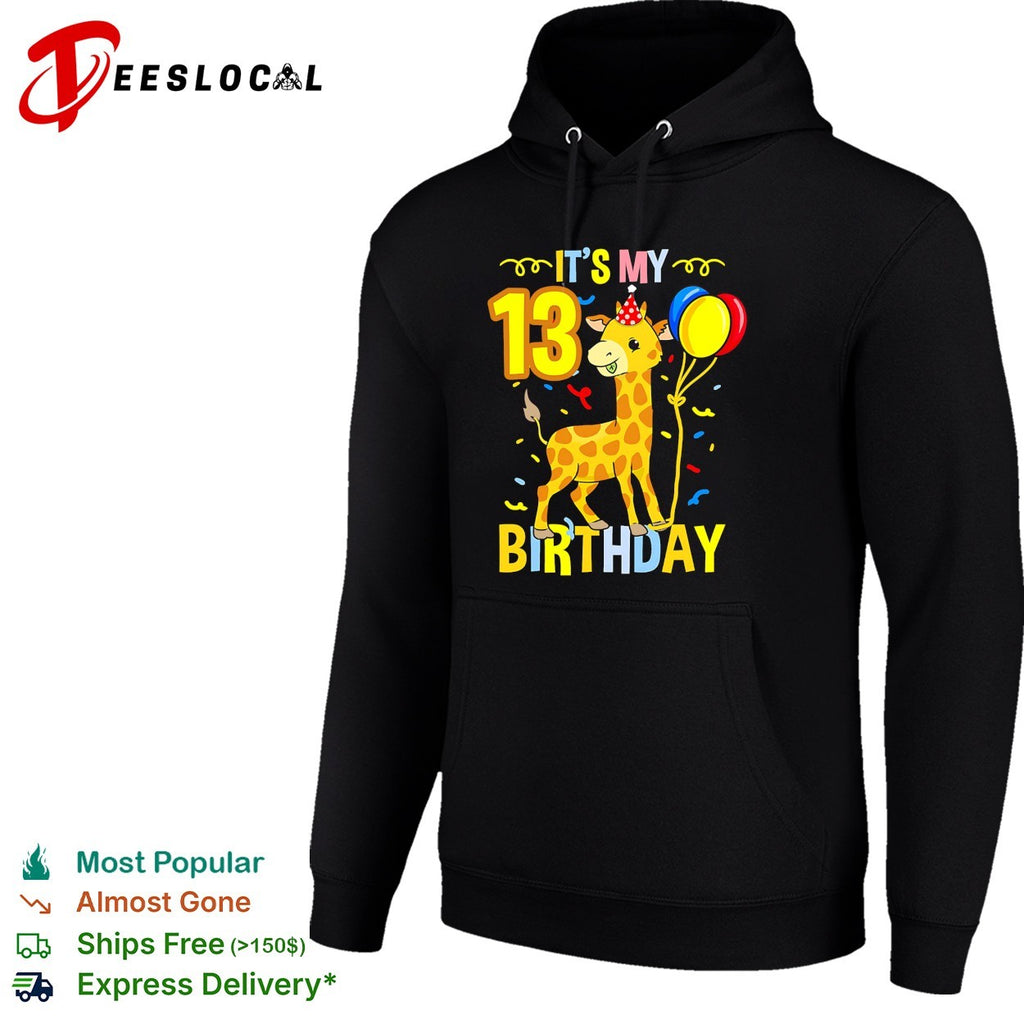 Giraffe wearing party hat holding balloons it’s my 13 birthday shirt