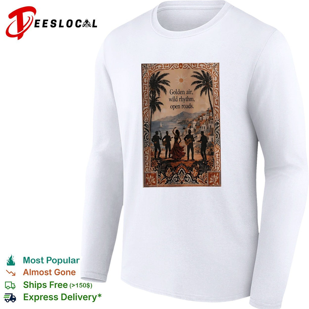Golden air wild rhythm open roads flamenco dancers coastal village shirt