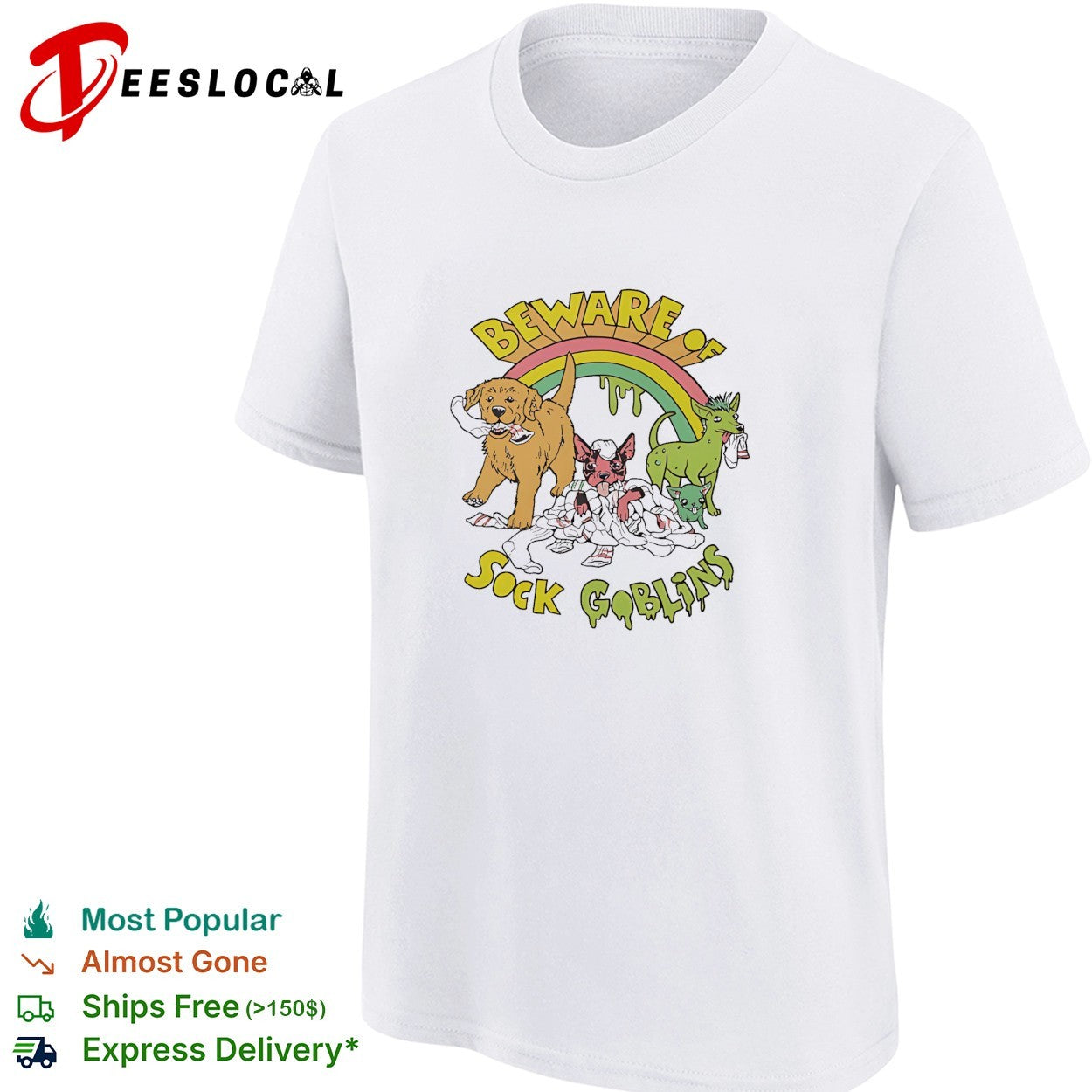 Golden retriever puppy and sock goblins beware rainbow shirt