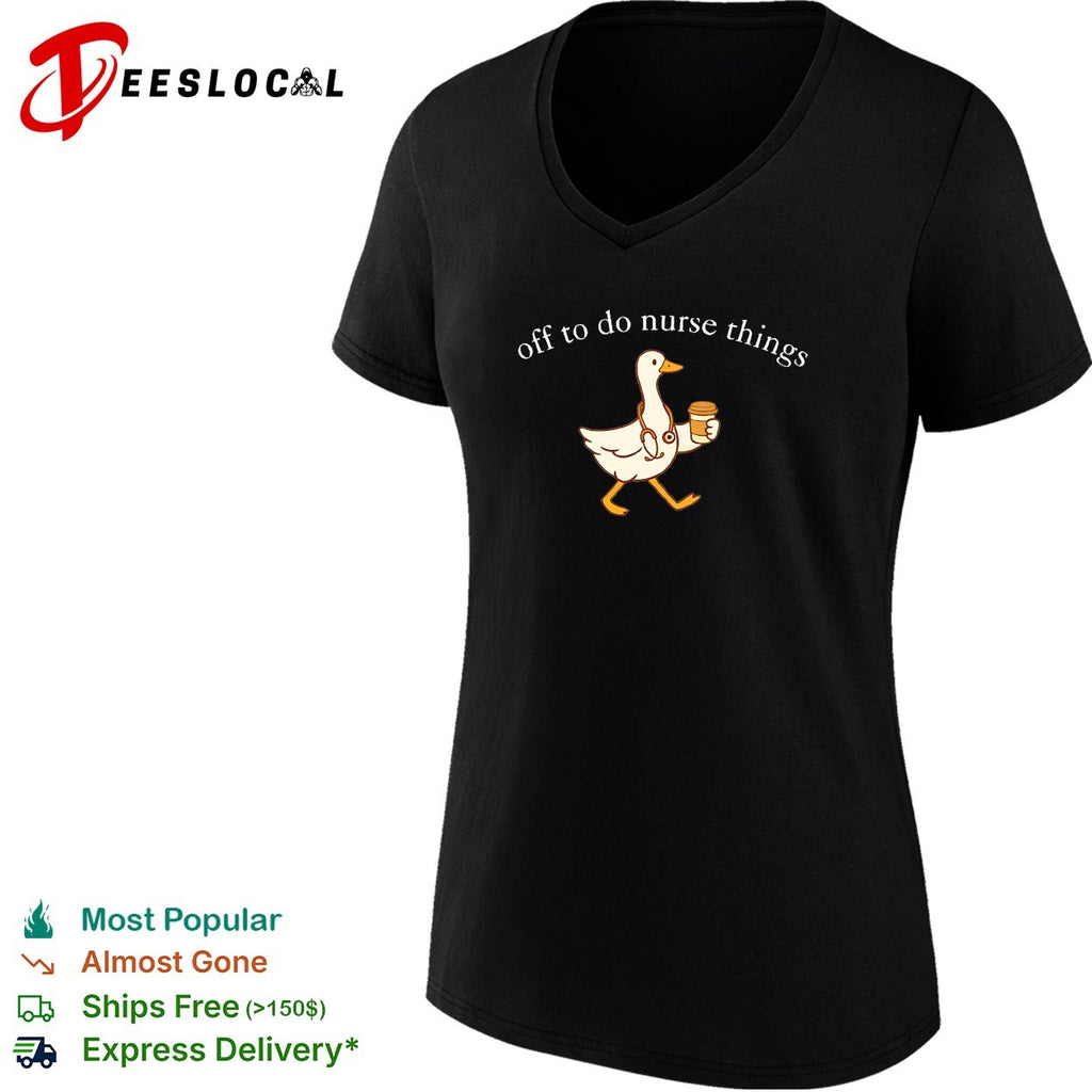 Goose walking off to do nurse things holding coffee stethoscope shirt