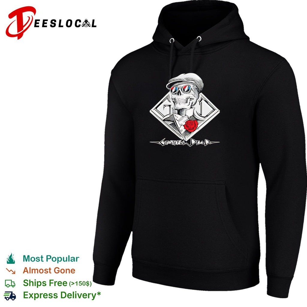 Grateful Dead skeleton skull wearing cap and sunglasses with red rose shirt