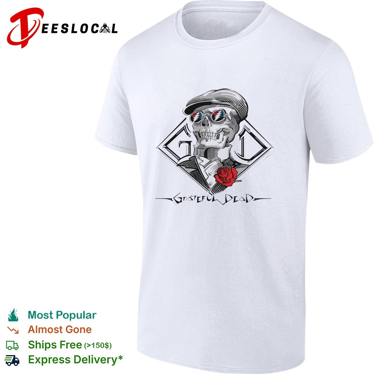 Grateful Dead skull with rose and sunglasses shirt