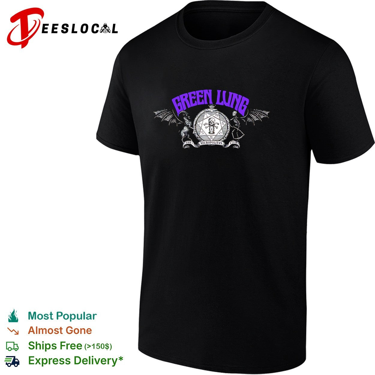 Green Lung The Necropolitan Club bat wings skull crossbones crest shirt