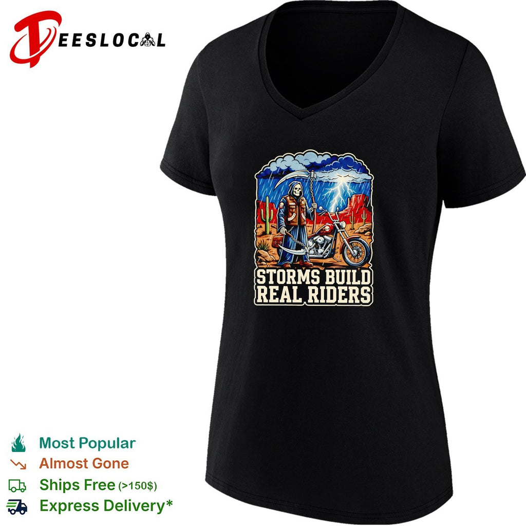 Grim reaper biker standing in storm motorcycle storms build real riders shirt