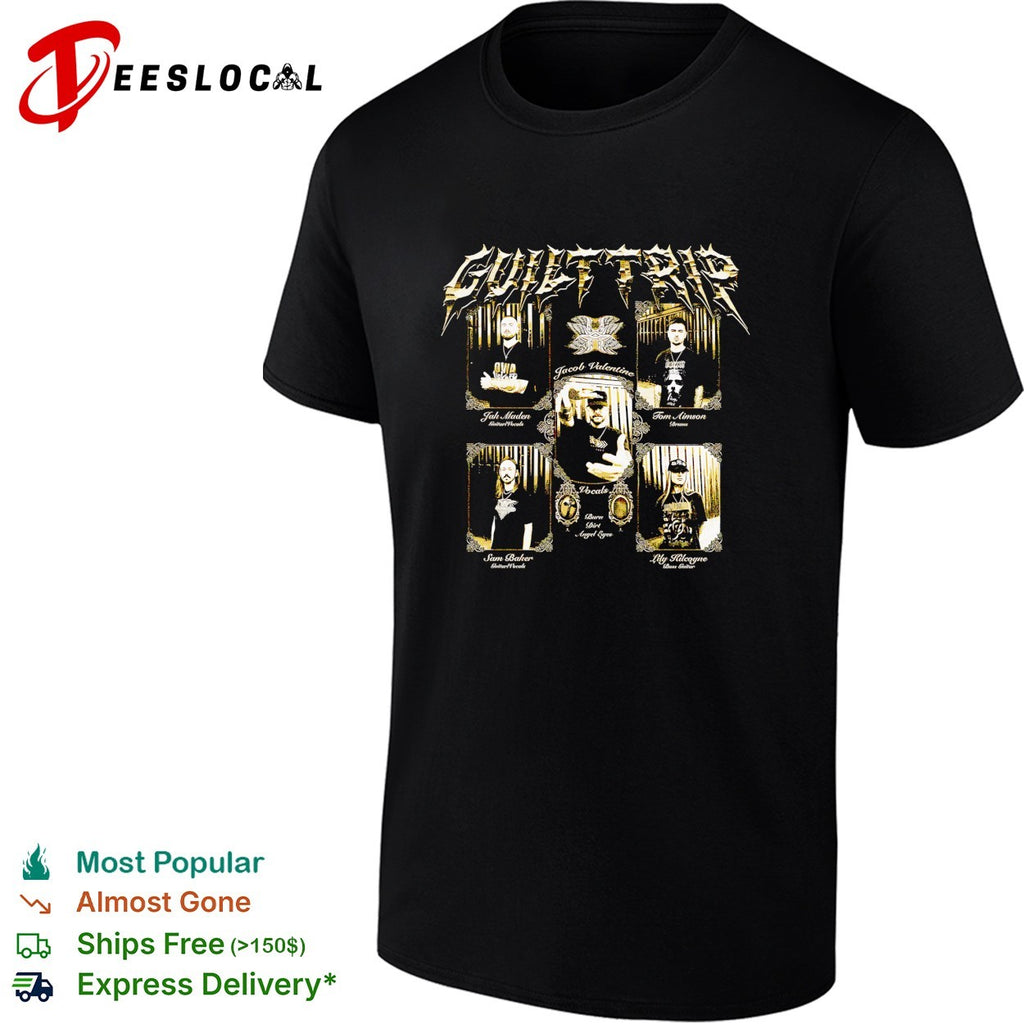 Guilt Trip band members portraits Burn Dirt Angel Eyes shirt