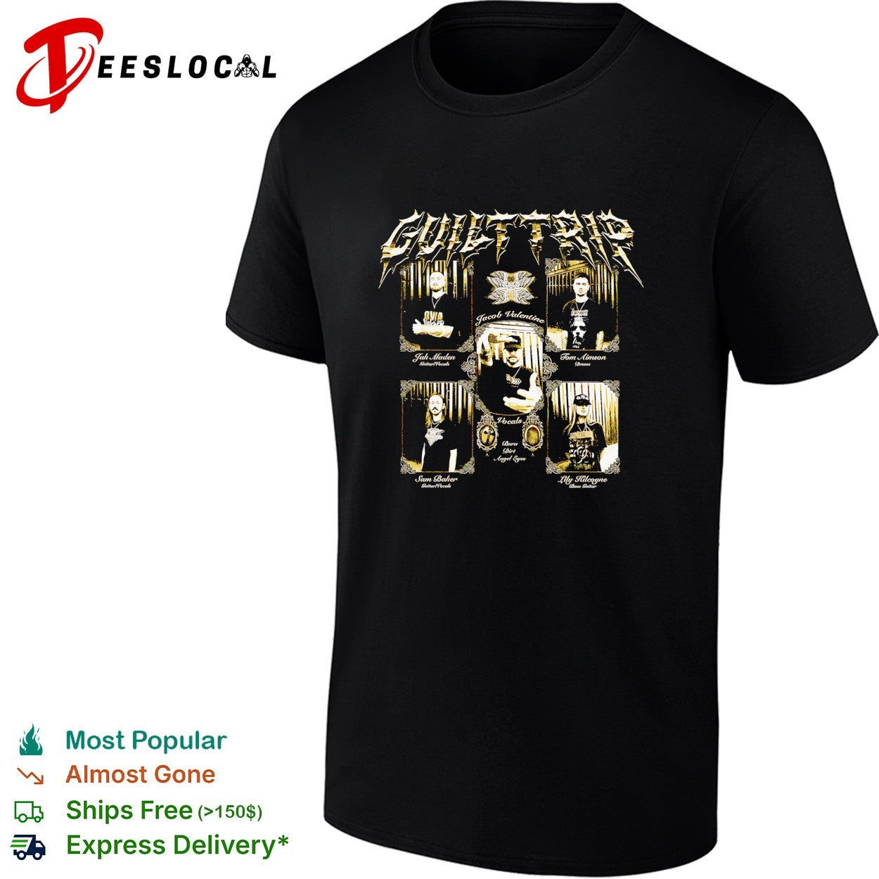 Guilt Trip band members portraits Burn Dirt Angel Eyes shirt