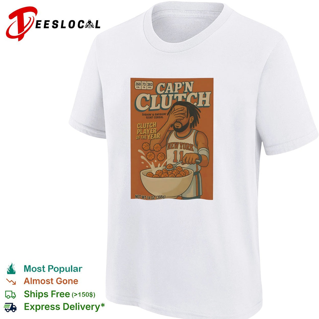 Jalen Brunson Knicks Cap’n Clutch GOAT cereal box parody shirt
