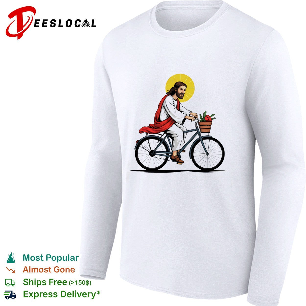 Jesus Christ riding bicycle with flower basket and halo shirt