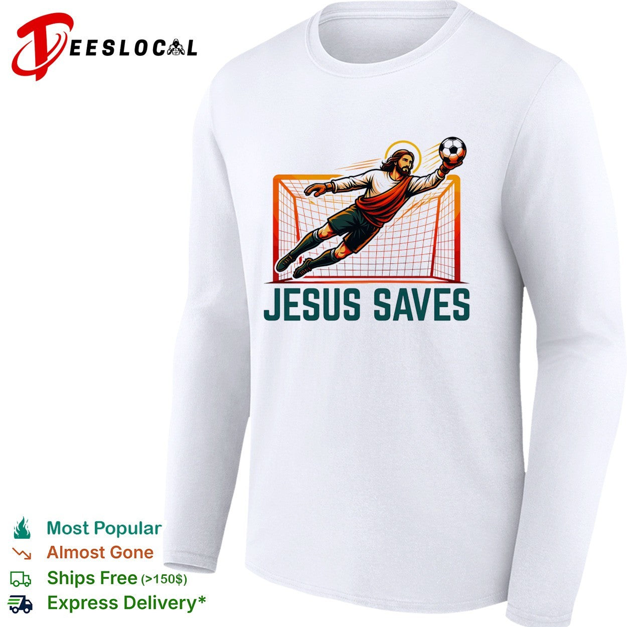 Jesus diving catching soccer ball Jesus saves shirt