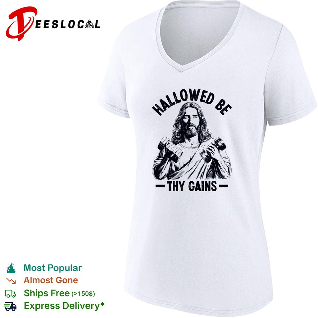 Jesus holding dumbbells hallowed be thy gains shirt