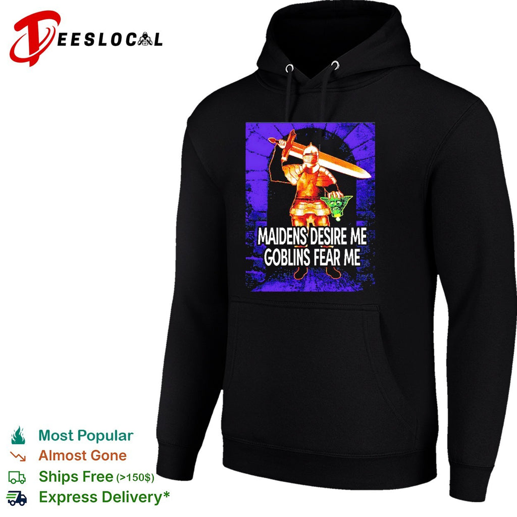 Knight holding sword maidens desire me goblins fear me 8 bit shirt