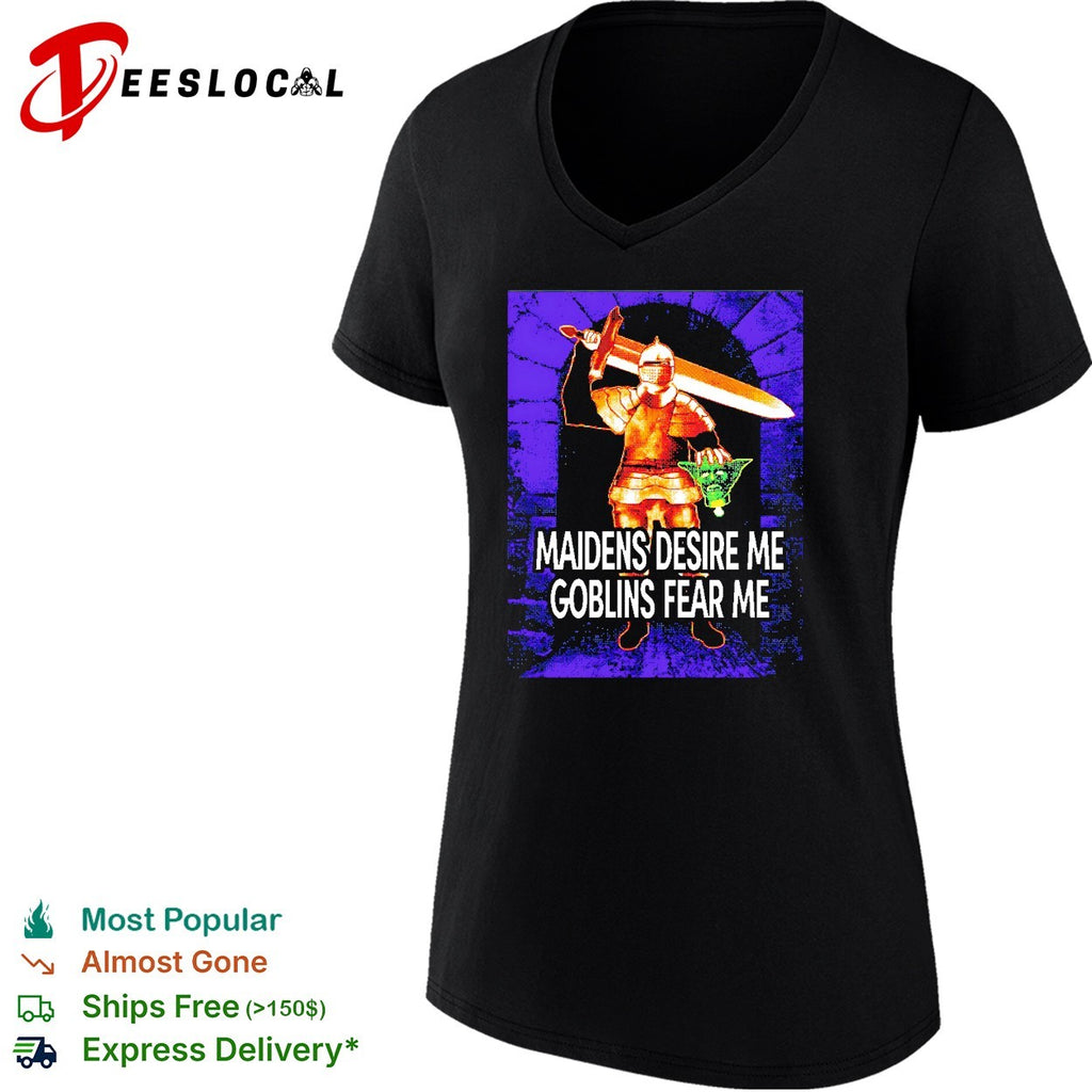 Knight holding sword maidens desire me goblins fear me 8 bit shirt