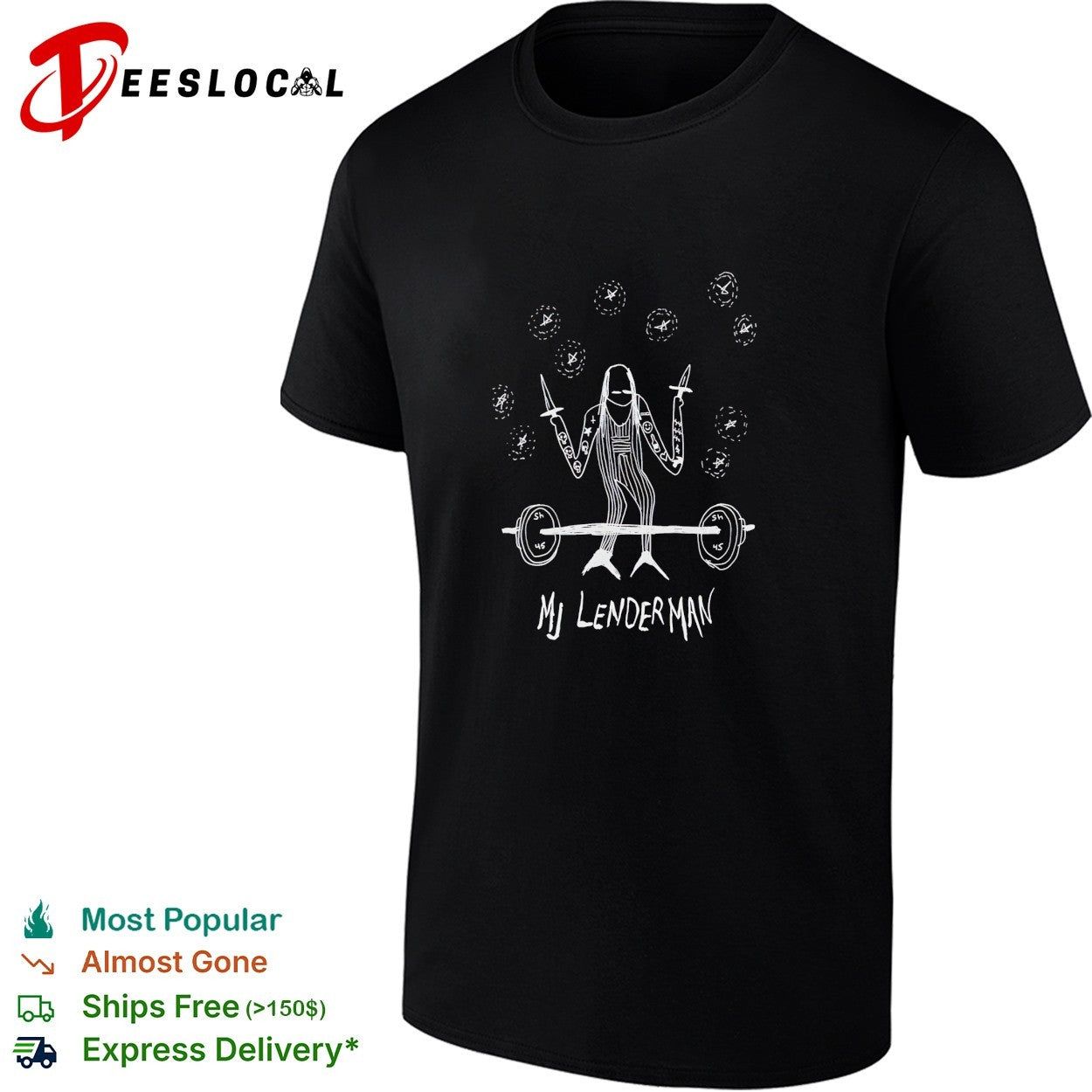 MJ Lenderman holding swords lifting barbell shirt