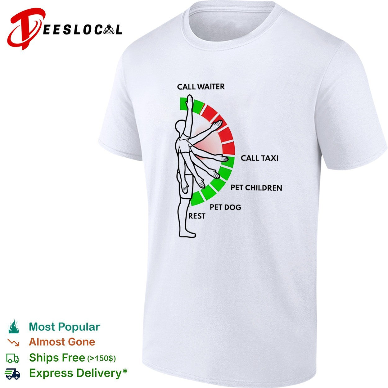 Man arm positions call waiter call taxi pet children pet dog rest shirt
