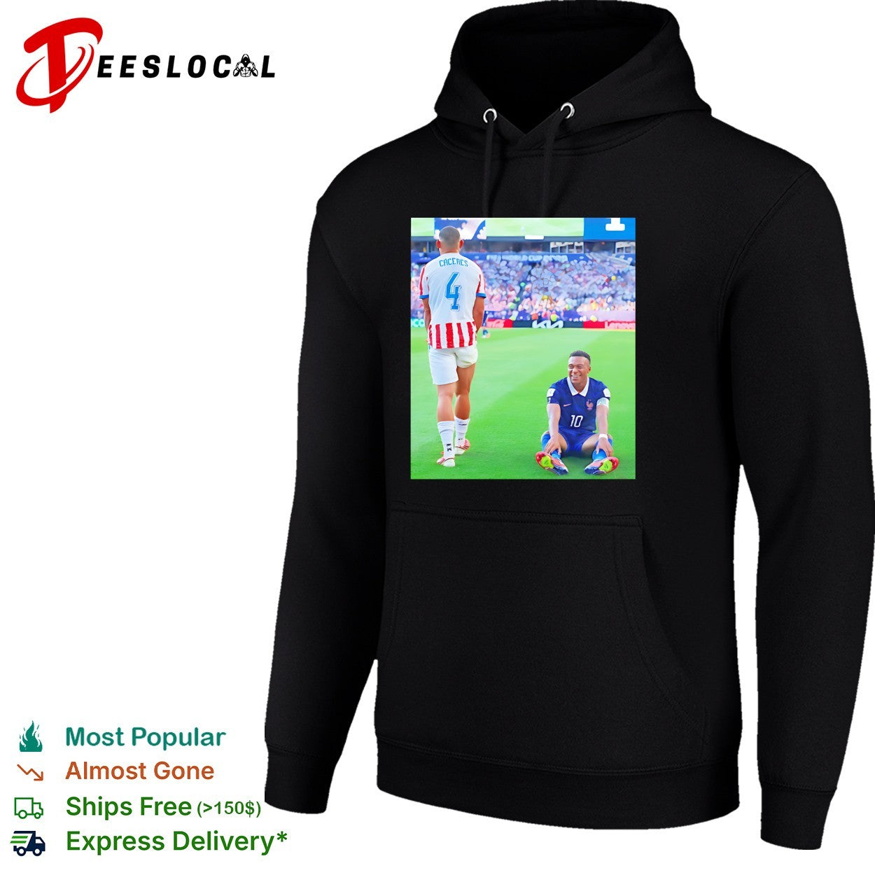 Mbappe France number 10 laughing on pitch Caceres number 4 World Cup shirt