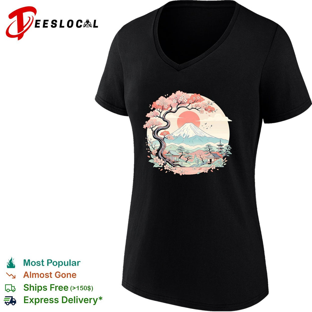 Mount Fuji cherry blossom tree Japanese pagoda shirt