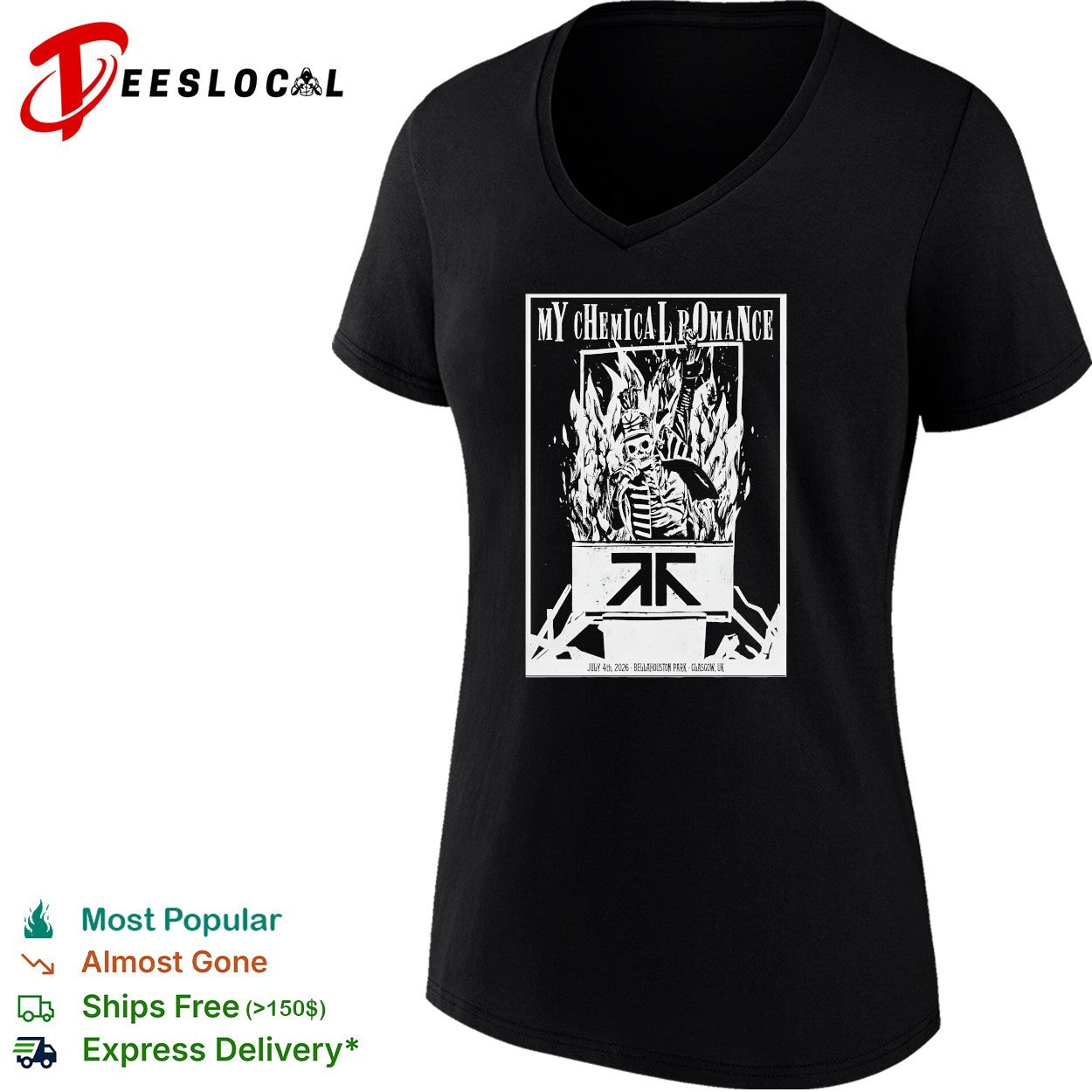 My Chemical Romance skeleton throne flames Bellahouston Park Glasgow July 4 2026 shirt