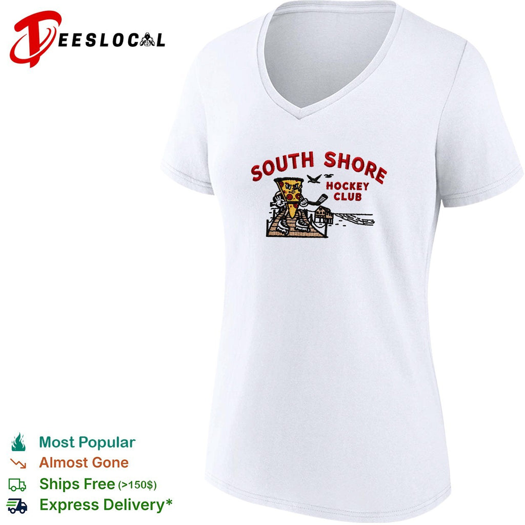 Pizza holding hockey stick South Shore Hockey Club shirt