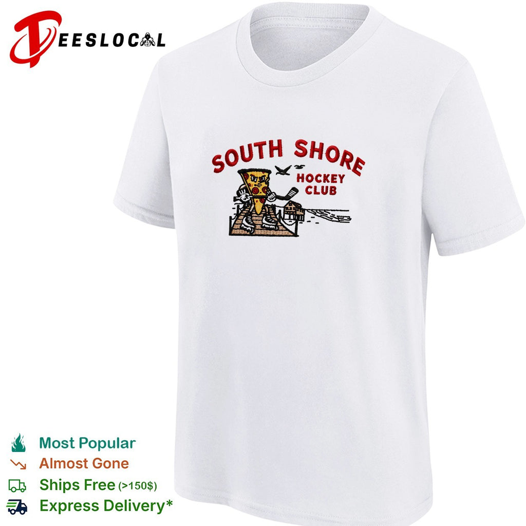 Pizza holding hockey stick South Shore Hockey Club shirt
