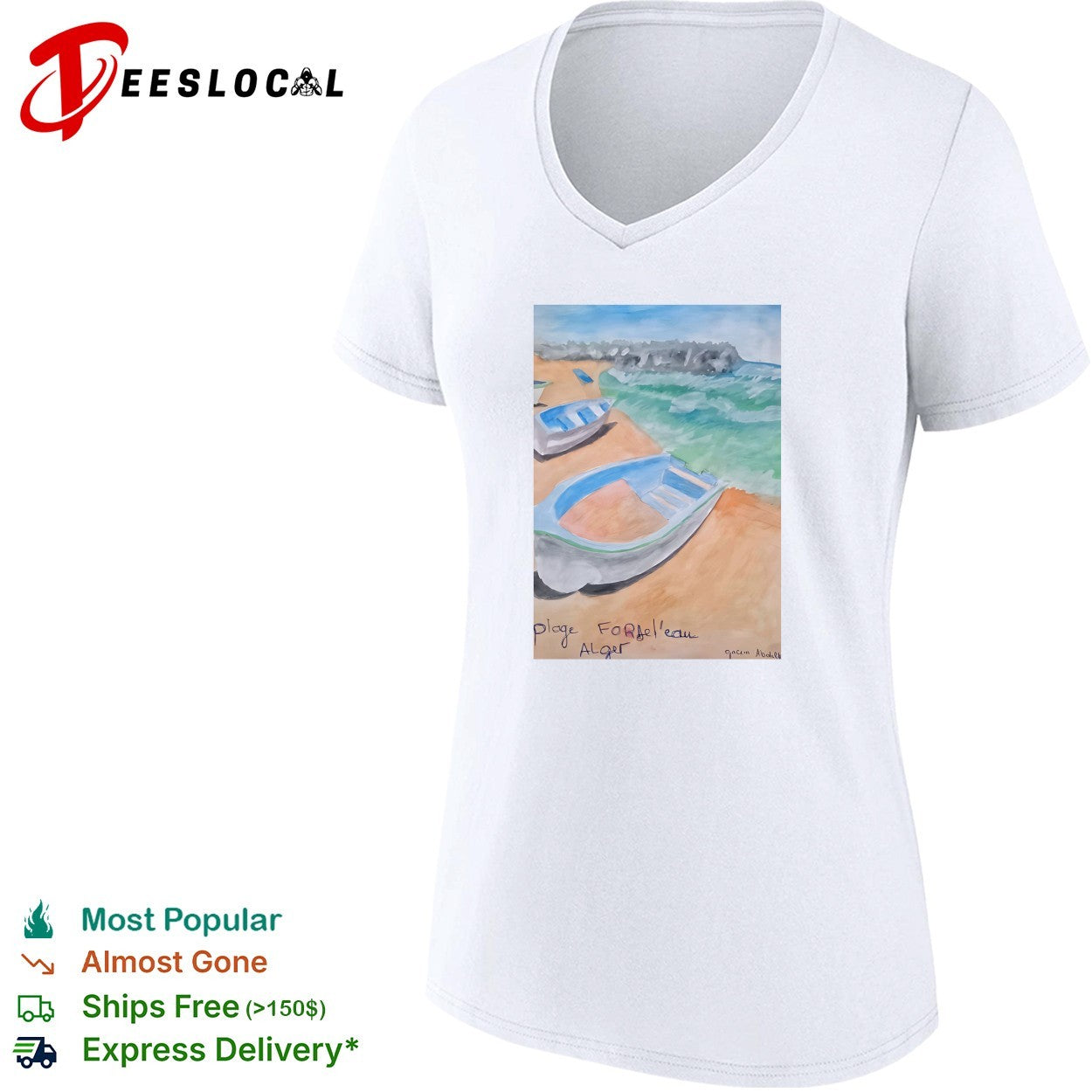 Plage Fondbel’eau Alger watercolor boats shirt