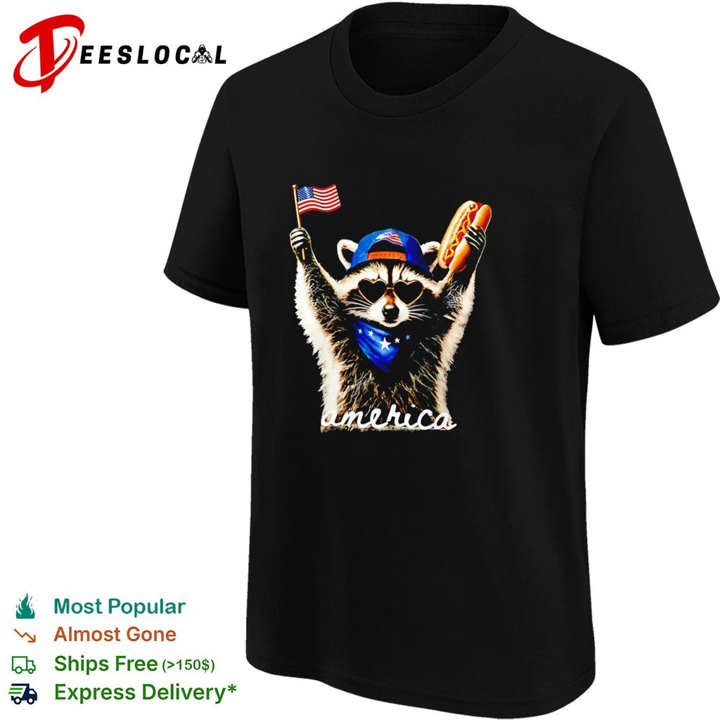 Raccoon America Flag Hot Dog Patriotic Fourth of July Shirt