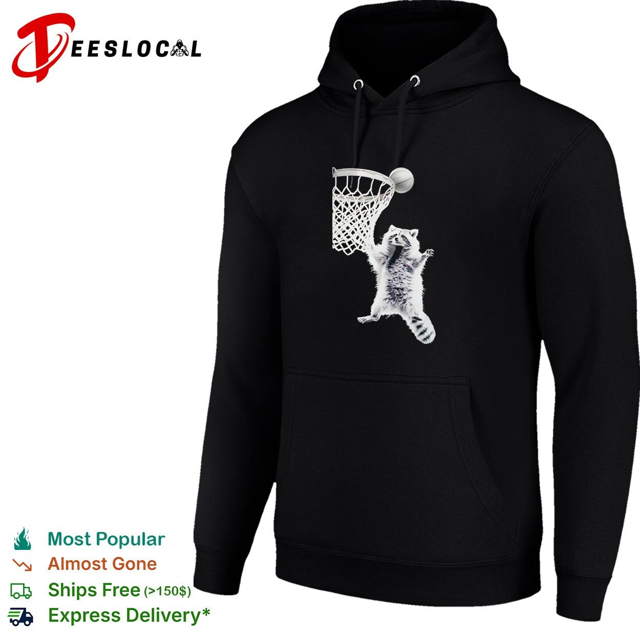 Raccoon flying and dunking basketball in hoop shirt