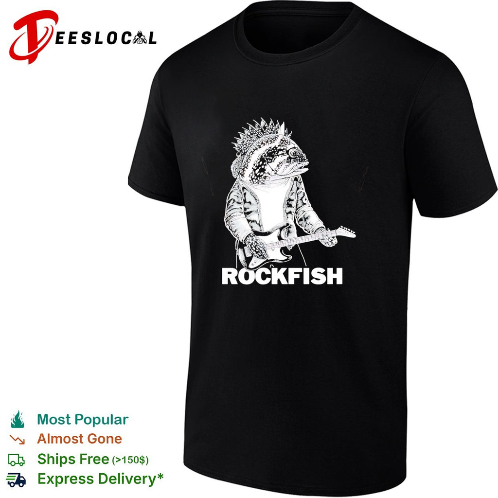 Rockfish wearing jacket playing electric guitar shirt