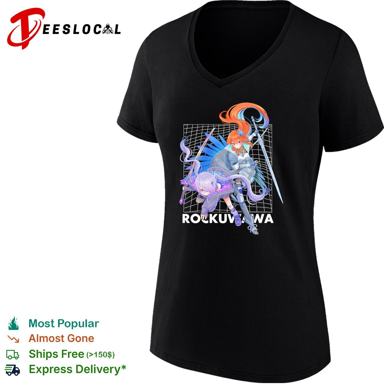 Rockuwawa anime warrior girls sword katana grid background shirt
