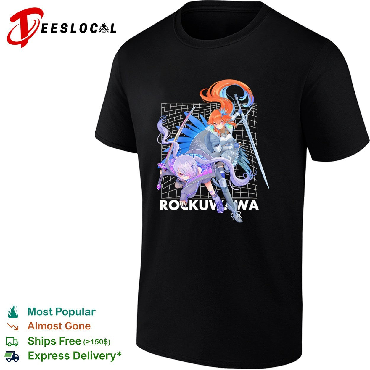 Rockuwawa anime warrior girls sword katana grid background shirt