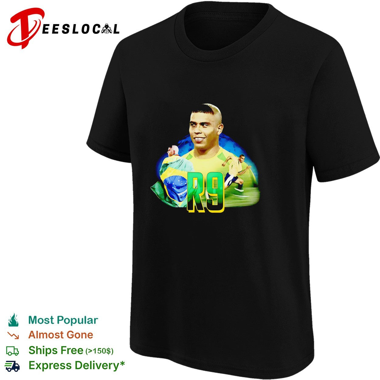 Ronaldo R9 Brazil wearing flag and running collage shirt